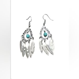 NWOT Metal Feather Tassel Carved Enamel Droplet Design Dangle Earrings